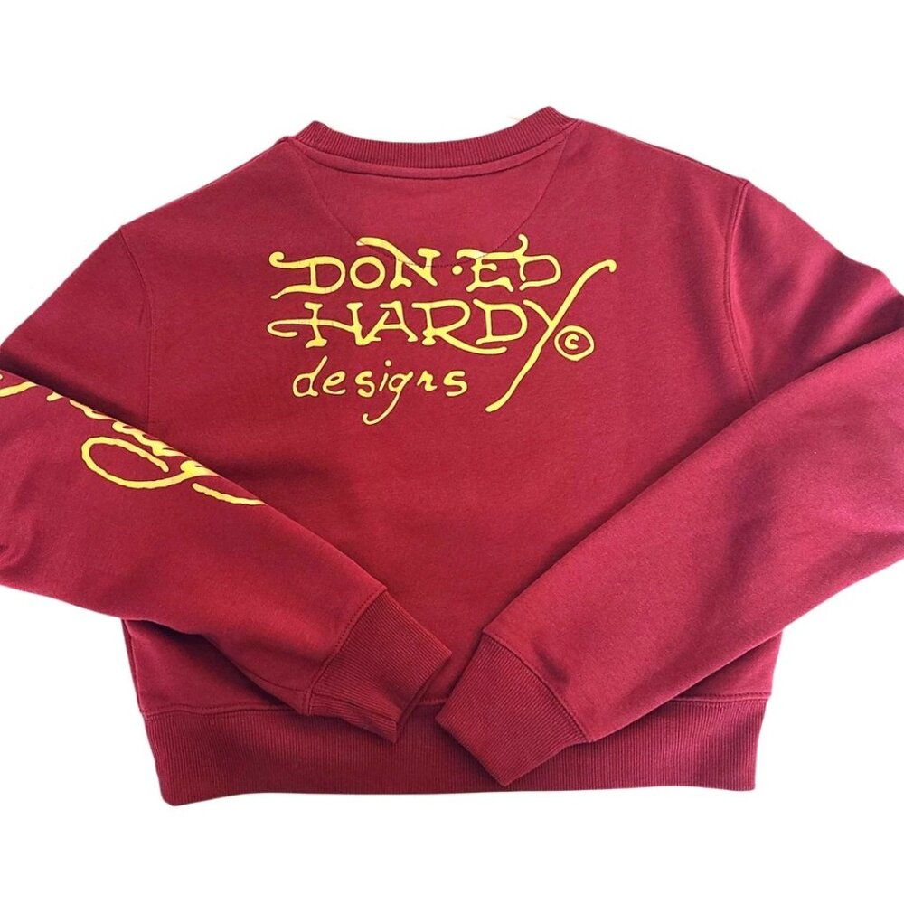 Ed Hardy Graphic Crop Pullover Sweatshirt Shirt Red Small Rose Tattoo Y2K Retro - Picture 6 of 12